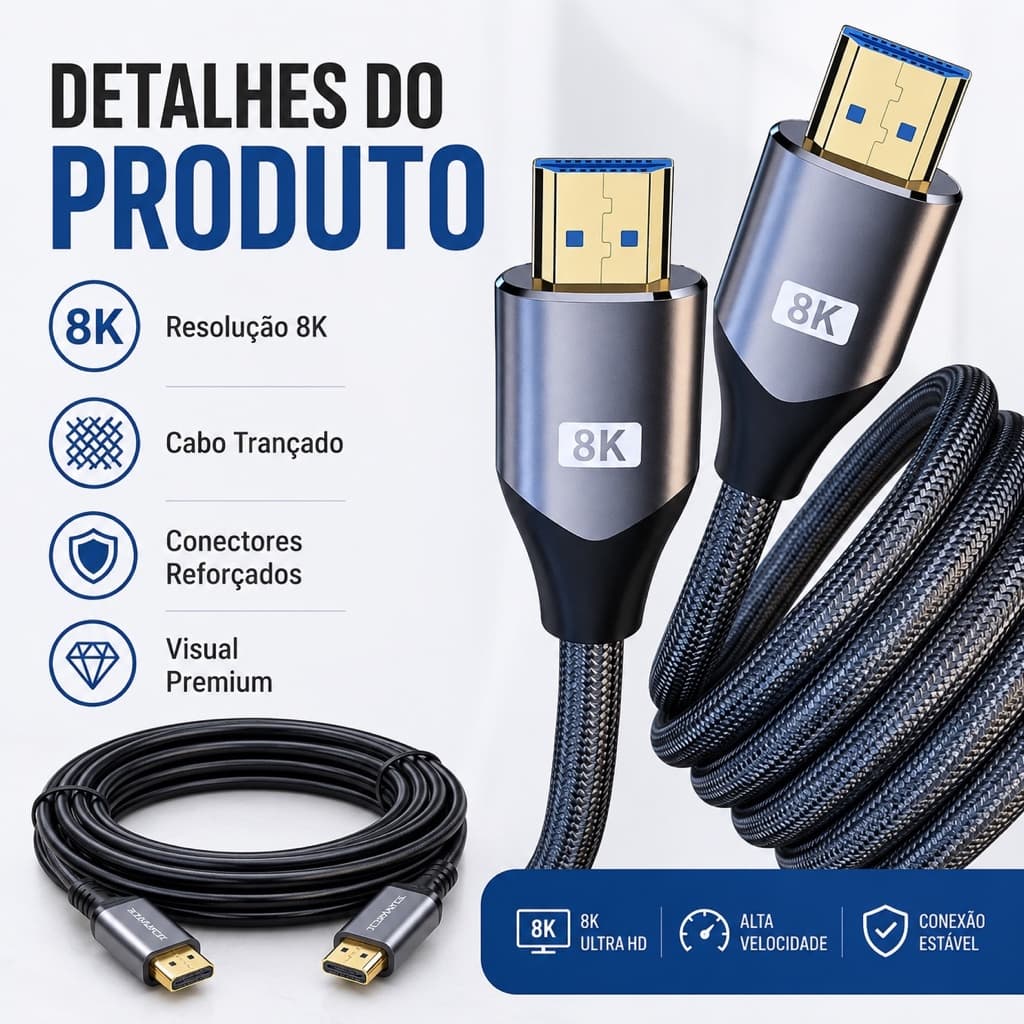 Cabo Hdmi 2.1 8k 5m Blindado 120hz Gamer GTA 6 Ultra HD Gold Ouro Velocidade Sem Delay 4k PC PS5 XBOX