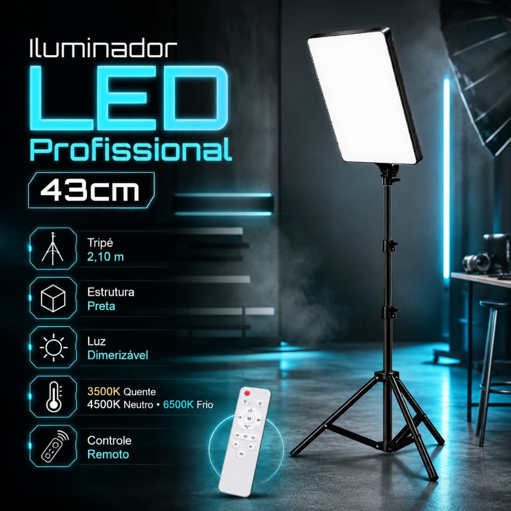 Ringlight Iluminador LED Profissional 16" 43cm Tripé 2,10m Controle Remoto Fotos Vídeos Live Estúdio