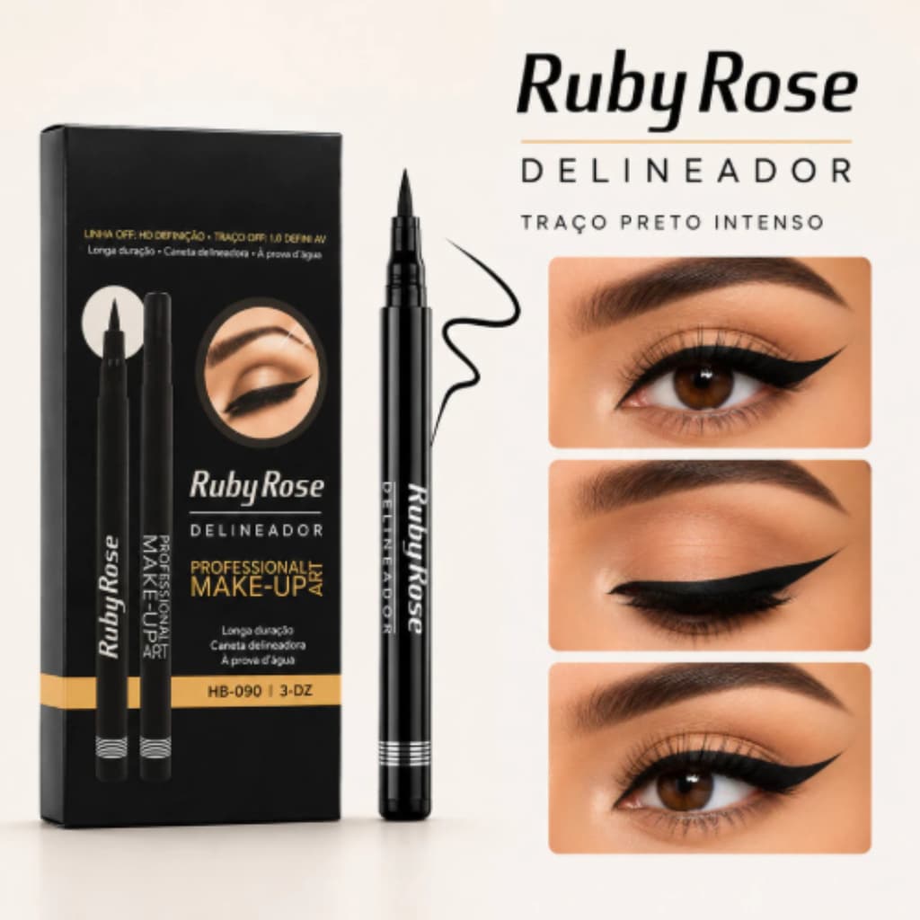 Caneta Delineadora Ruby Rose HB090 Preta | Ponta Fina p/ Traço Preciso | Alta Fixação e Pigmentação
