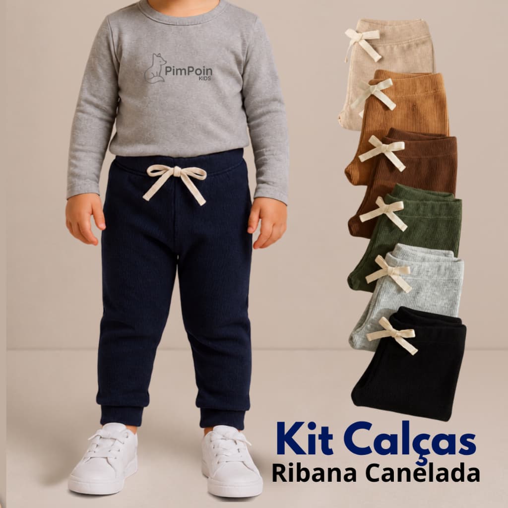 Kit Jogger Infantil Calça Ribana Canelada Sortida Unissex P ao 4 Anos Algodão com Elastano