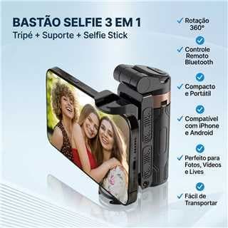 Bastão de Selfie Tomate MZP-307 com Tripé Integrado, Controle Remoto Bluetooth e Rotação 360° para Lives
