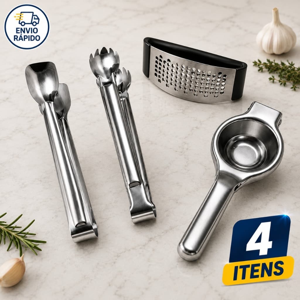 Kit Utensílios Inox 4 Itens Espremedor De Limão Pegador De Frios Pegador Multiuso Amassador Alho