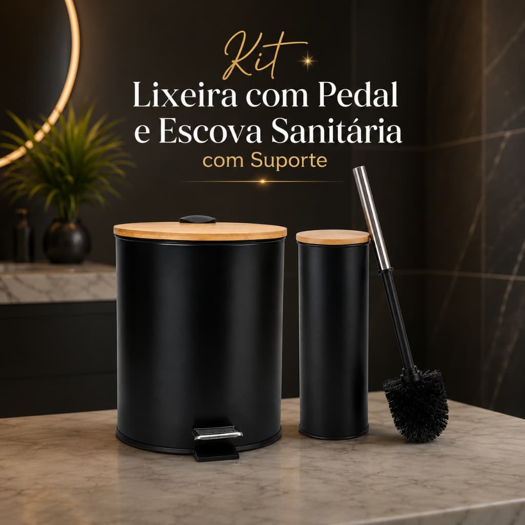 Kit Lixeira com Pedal e Tampa de Bambu 5 L Cesto Higiênico Removível e Escova Sanitária com Suporte