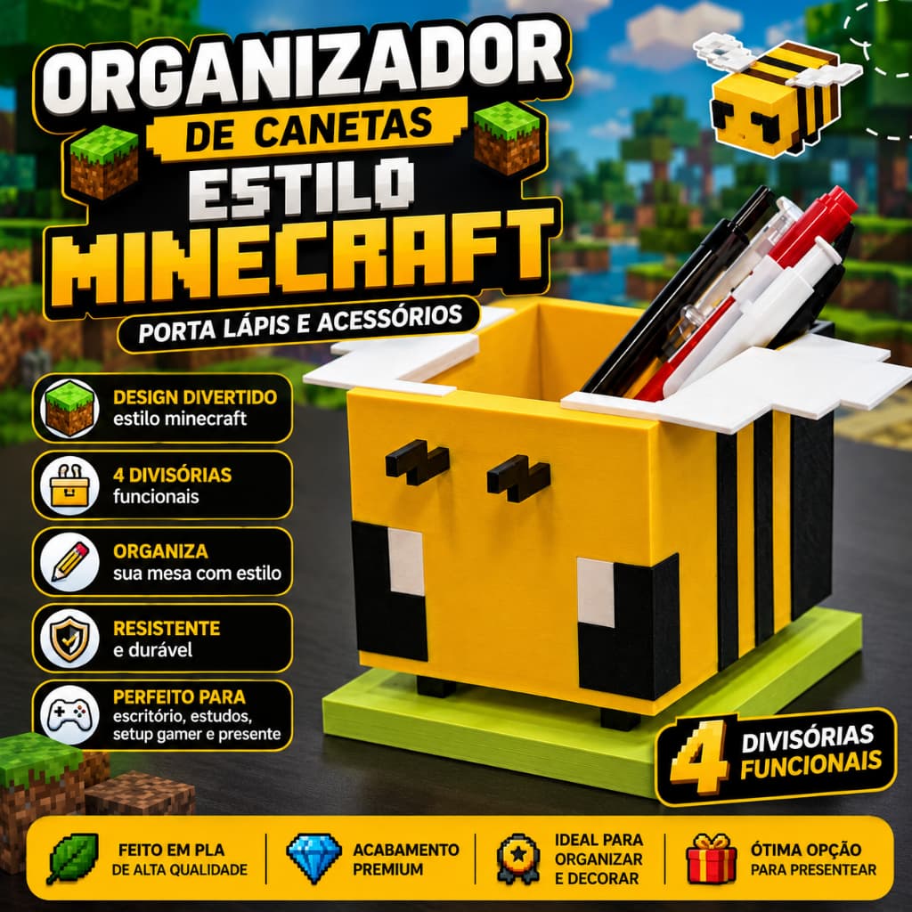Organizador de Canetas Estilo Minecraft Abelhinha Porta Lápis Porta Trecos Organizador de Mesa Gamer Infantil Escritório