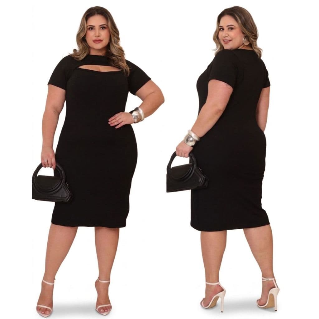 Vestido Feminino Plus Size Midi Manga Curta Recorte Decote Vazado Canelado Elegante GG G1 G2