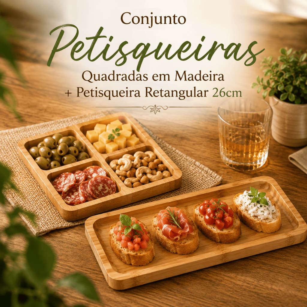Conjunto 4 Mini Petisqueiras Quadradas Madeira MDF + Petisqueira Bambu Organizador Petiscos Aperitivo Rústico Retangular
