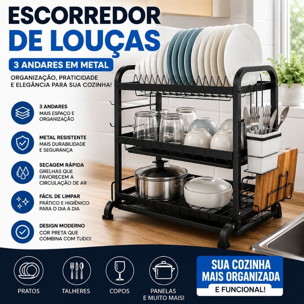 Escorredor Loucas Metal 3 Andares Preto Capacidade Grande Organizador Pratico Economiza Espaco Cozinha