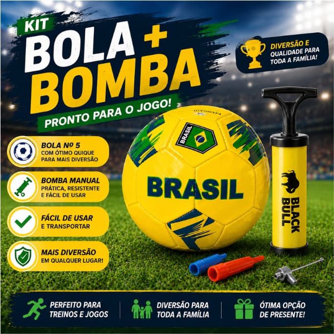Kit Bola de Futebol Brasil Nº 5 + Bomba de Ar Manual com Bico Futebol Treino Lazer Campo Presente