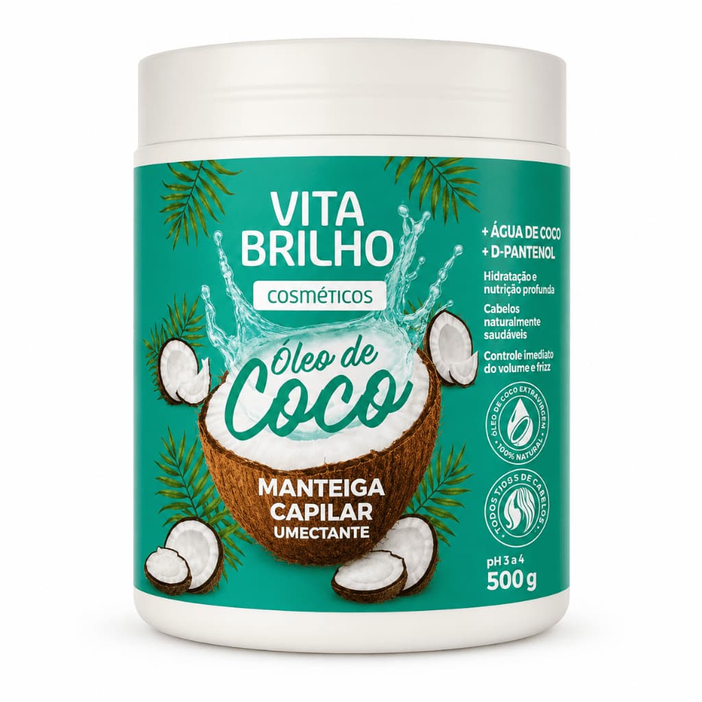 Manteiga Capilar Óleo de Coco 500g Vita Brilho Umectante Água de Coco D-Pantenol Hidratação Nutrição