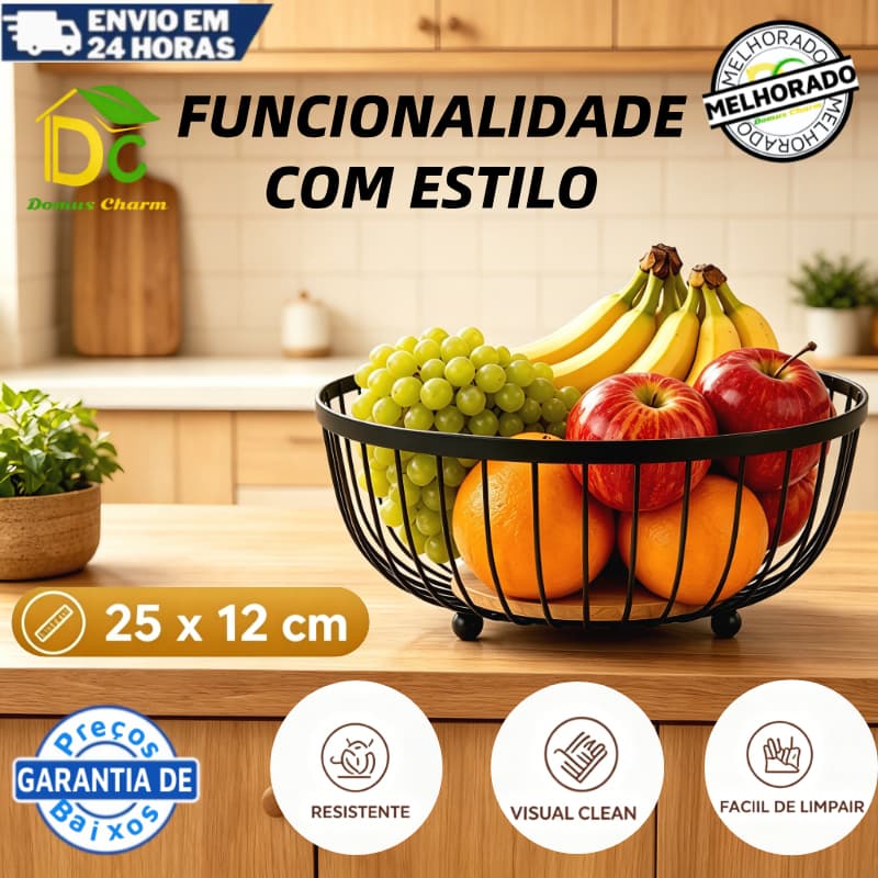 Fruteira de Mesa Rustica de Ferro e Bambu para Café da Manhã Multiuso Metal Preto Cesto Organizador