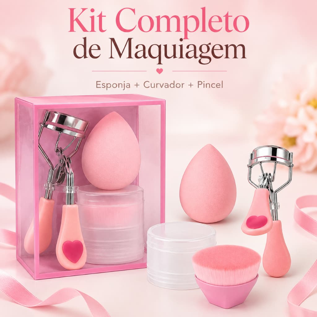 Kit 3 em 1 com Esponja, Curvador de Cílios e Pincel + Estojo | Aplicação Profissional e Portátil