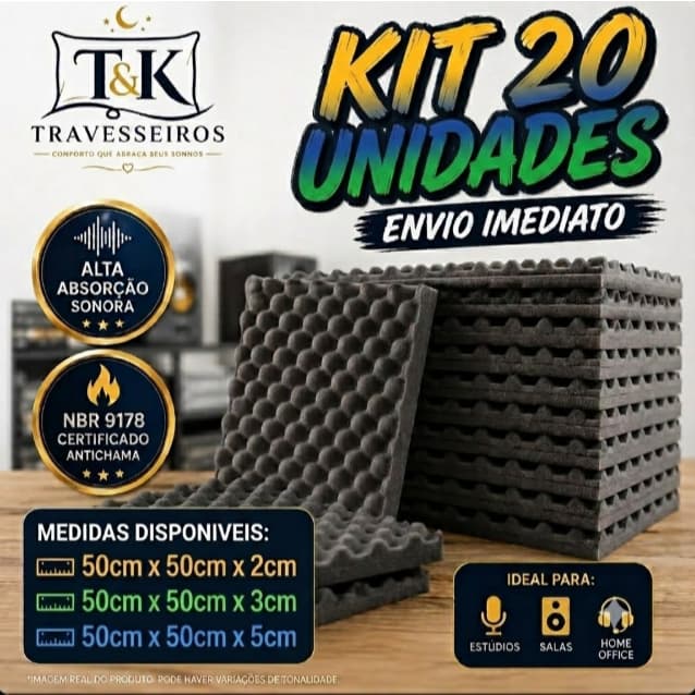 Kit 20 Placas Acústicas Espuma 50cmx50cmx2cm, 50cmx50cmx3cm, 50x50cmx5cm Antirruído Isolamento Parede Estúdio Antichama