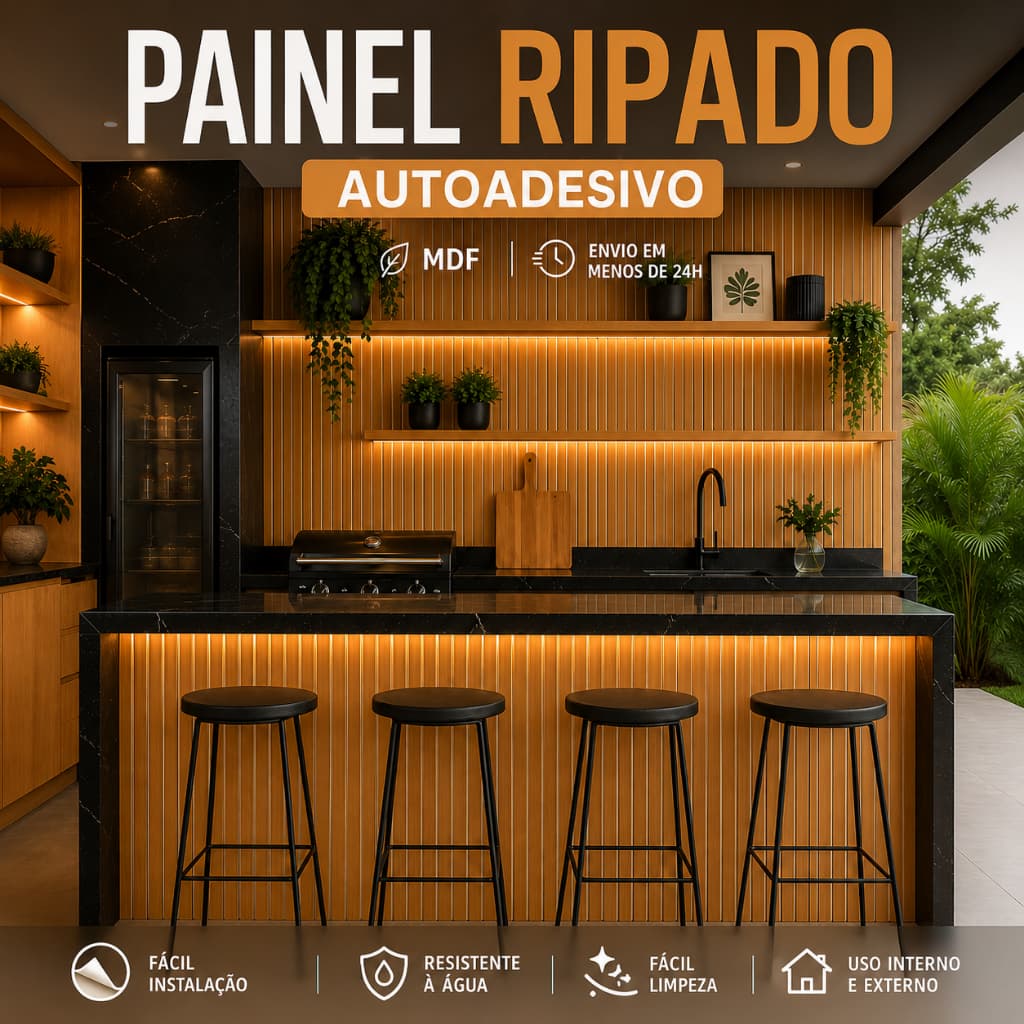 Kit Até 20 Placas Painel Ripado Autoadesivo MDF Castanho 45x11cm Revestimento Decorativo Parede