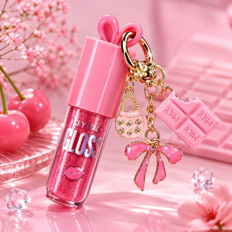 Lip Gloss Labial Com Chaveiro e Pingentes Chocolate Rosa