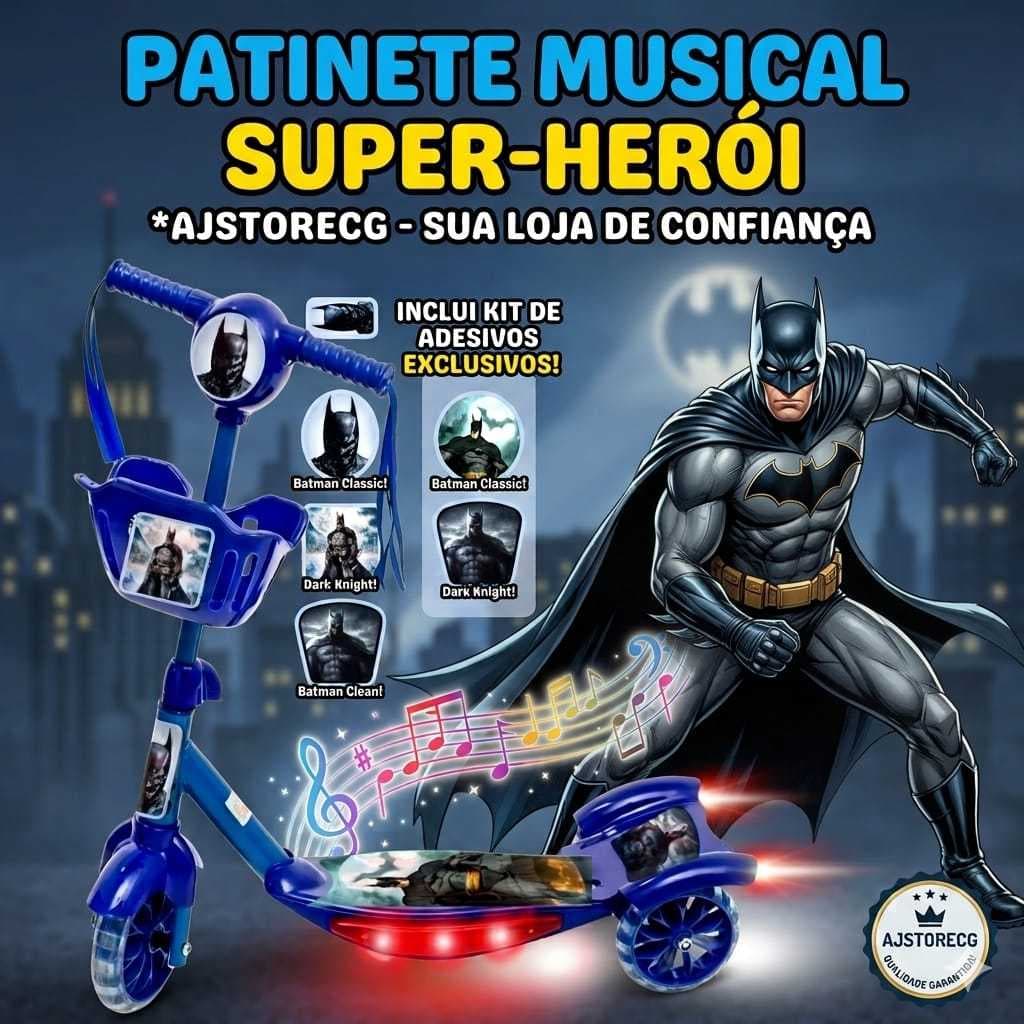Patinete Infantil BATMAN Azul Ajustável 3 Rodas Com Cesta  e Música Led na Lateral + Surpresa Pronta Entrega no Brasil