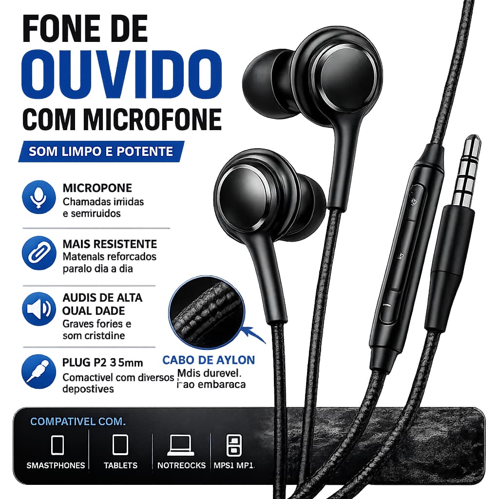 Fone De Ouvido H'maston  EJ-S8 P2 Com Microfone Preto 1,2 metros Cabo Reforçado Som Grave