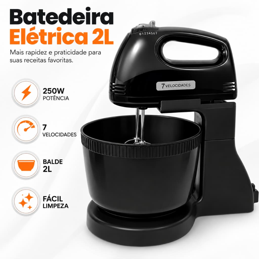 Batedeira Elétrica 127V 250W Com Balde 2L 7 Velocidades Para Bolo Massas Chantilly Preta