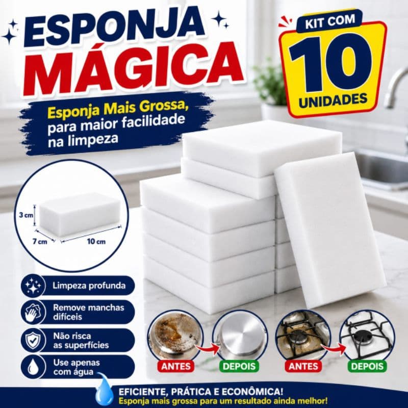 Kit 10 Esponjas Mágicas Brancas 10x7x3 cm Extra Grossa Limpeza Multiuso