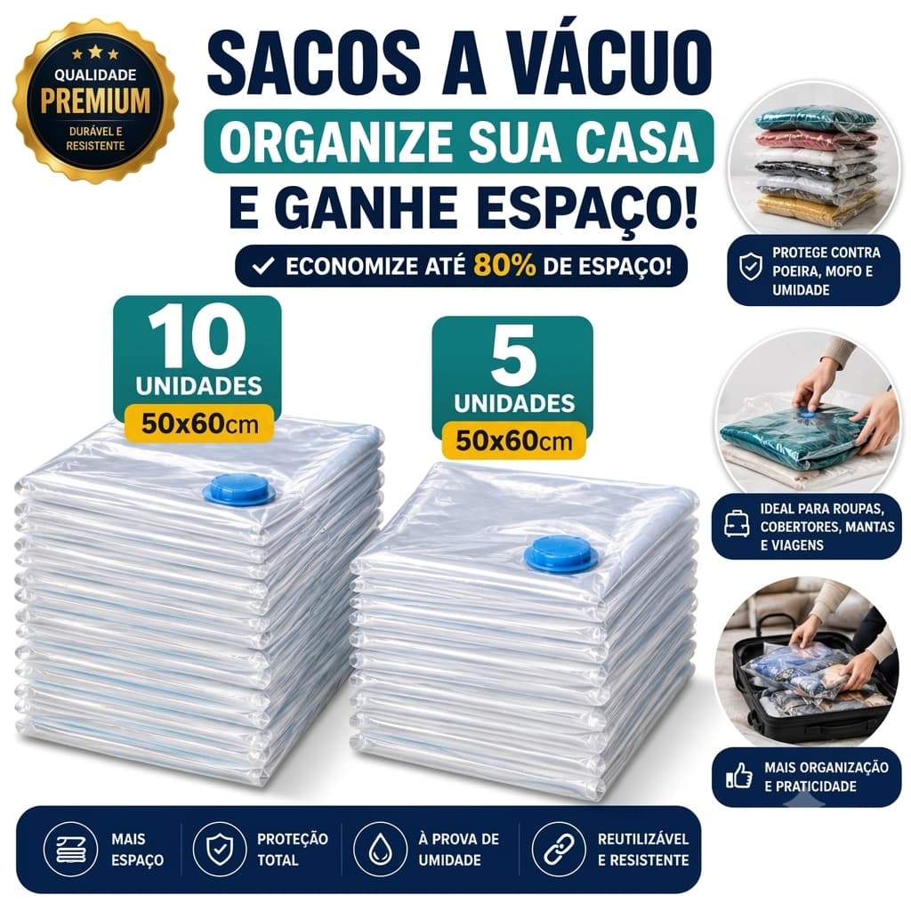 Kit 5 ou10 Sacos a Vácuo (50x60) Organizador de Roupas Compactador Economia de Espaço Para Viagem Guarda Roupa Sem Bomba