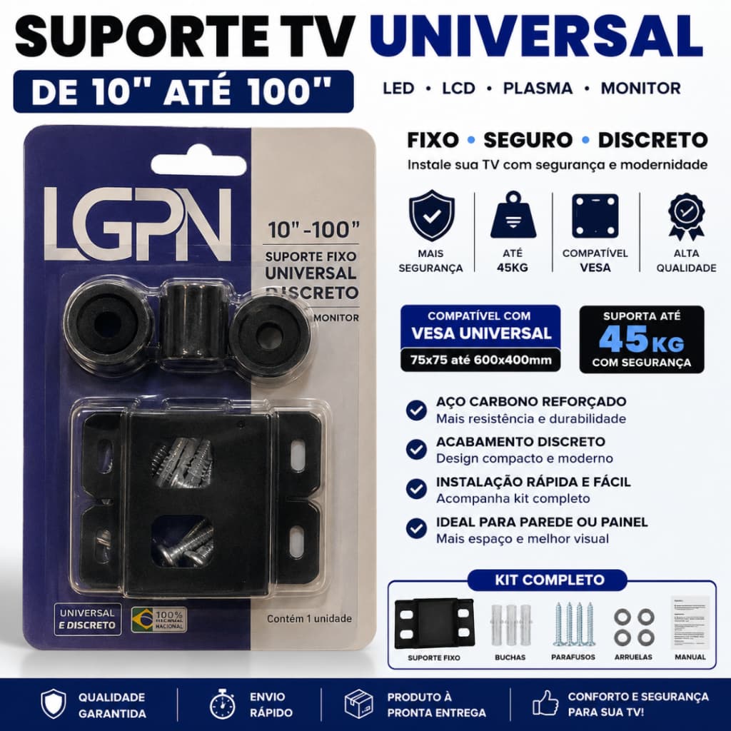 Kit Suporte TV Universal Fixo 10-100 Polegadas LED LCD Plasma Monitor Parede Painel Até 45kg