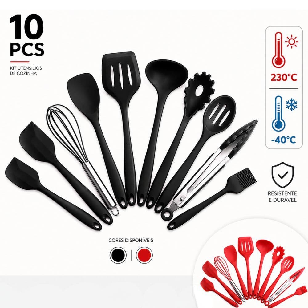 Conjunto com 10 Utensílios Cozinha Silicone, Concha, Fuê, Pegador de Salada, Espátula Alta Qualidade