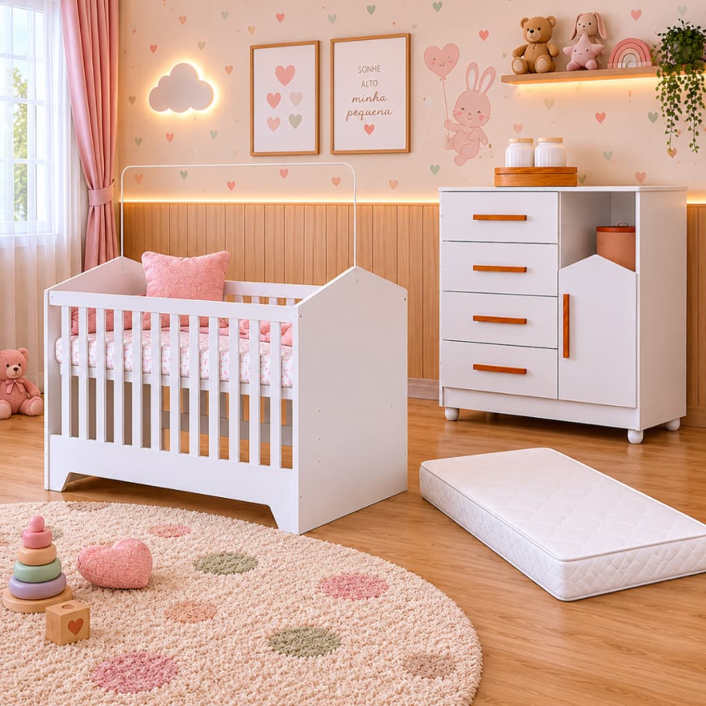Conjunto Completo Para Quarto Bebê Acompanha Berço Multifuncional Cômoda Colchão D18