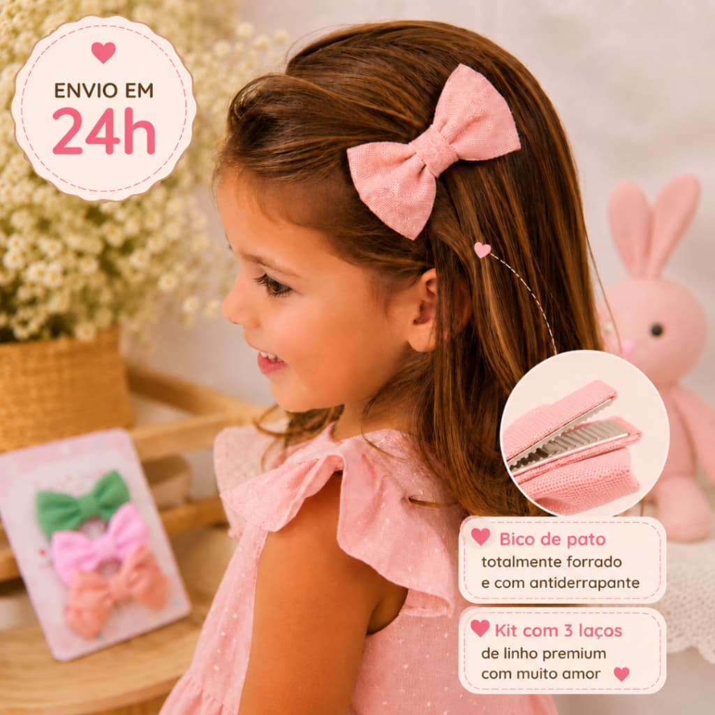 Kit 3 Laços Infantil de Linho Bico de Pato Antiderrapante 5cm