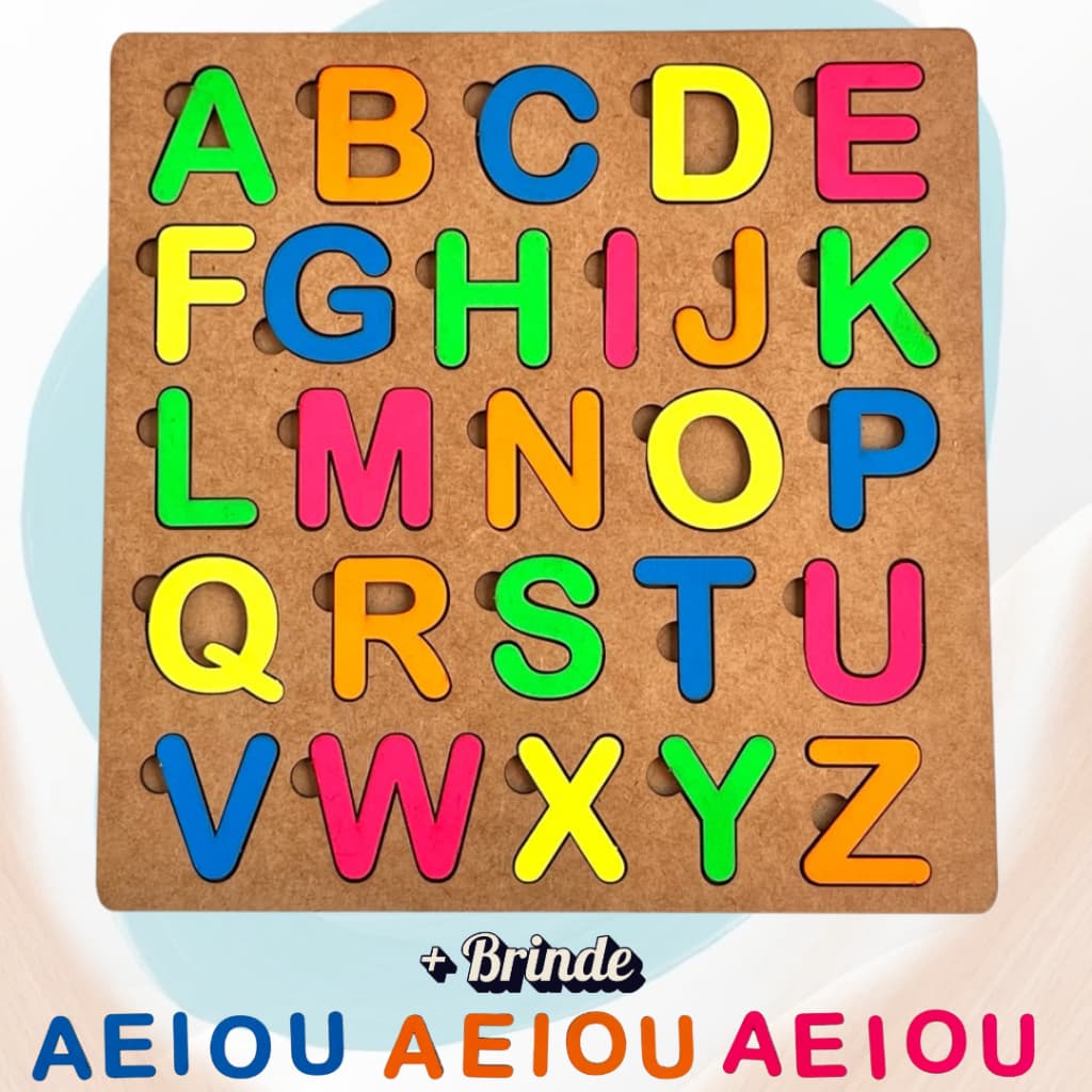 Tabuleiro Alfabeto Maiúsculo Educativo Pedagógico Colorido com Peças destacáveis Madeira cores NEON