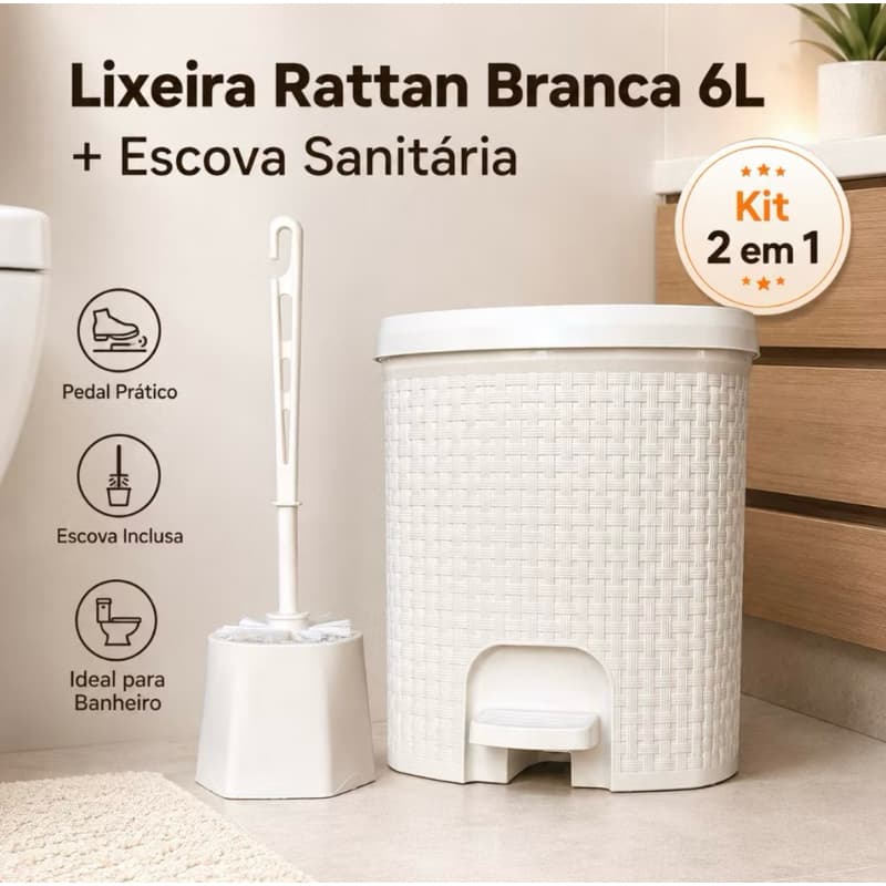 Lixeira Rattan Branca 6L + Escova Sanitária