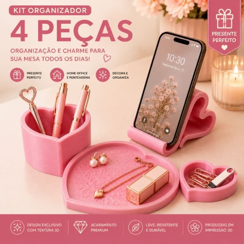 Kit Organizador Feminino para Penteadeira 4 peças Porta-canetas Suporte para Celular Bandeja Porta-Clips Presente