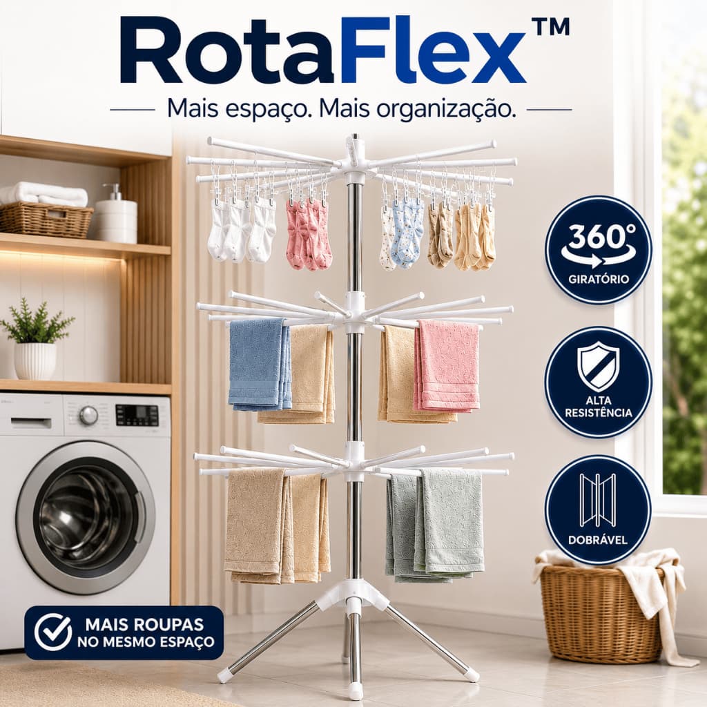 Varal de Chão Dobrável Giratório 360° Alta Resistência Compacto para Secagem de Roupas RotaFlex™