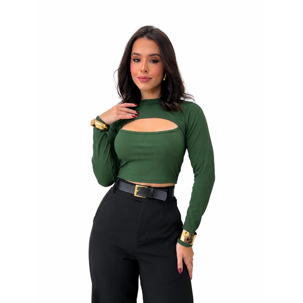 Cropped Canelado Manga Longa com Recorte | Super Confortável | Veste 36 ao 42