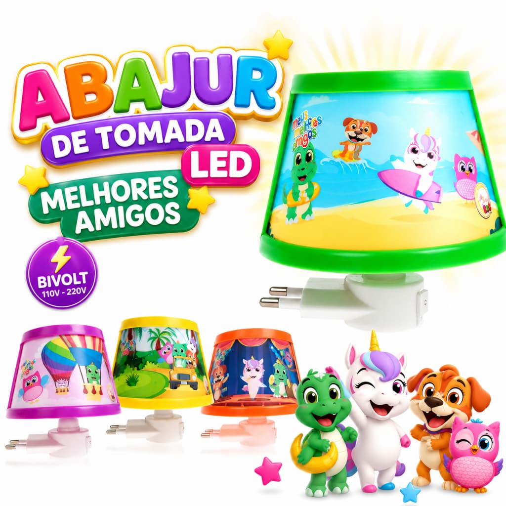 Abajur de Tomada LED Infantil Melhores Amigos Bivolt 110/220V Luz Noturna Quarto   Bebê Criança Luminaria Menino menina
