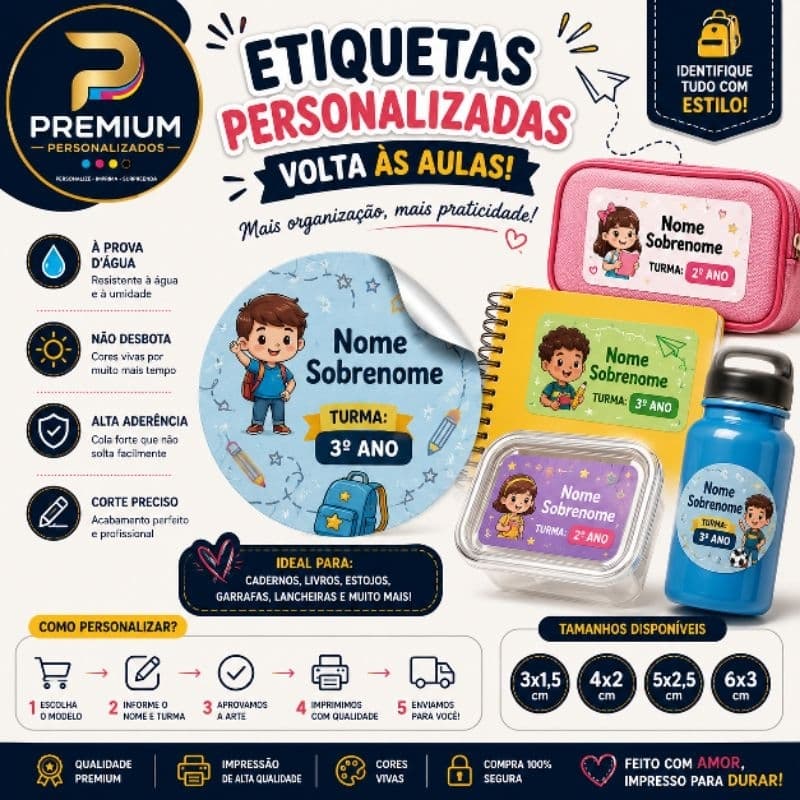 Kit Etiquetas Escolares Personalizadas – 200 Unidades – Laminação Brilho ou Holográfica