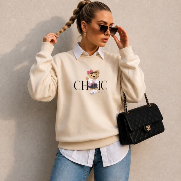 Moletom Feminino Chic Bear Gola Careca Flanelado Urso Blogueira Premium Blusa de Frio