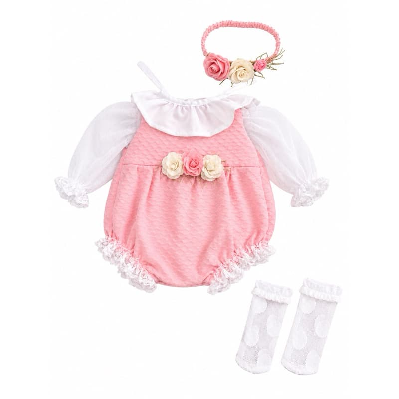 Kit Roupinha Bebê Reborn 34 a 40 cm | Macacão + Body + Faixa de Strass + Meias | Menina shyann