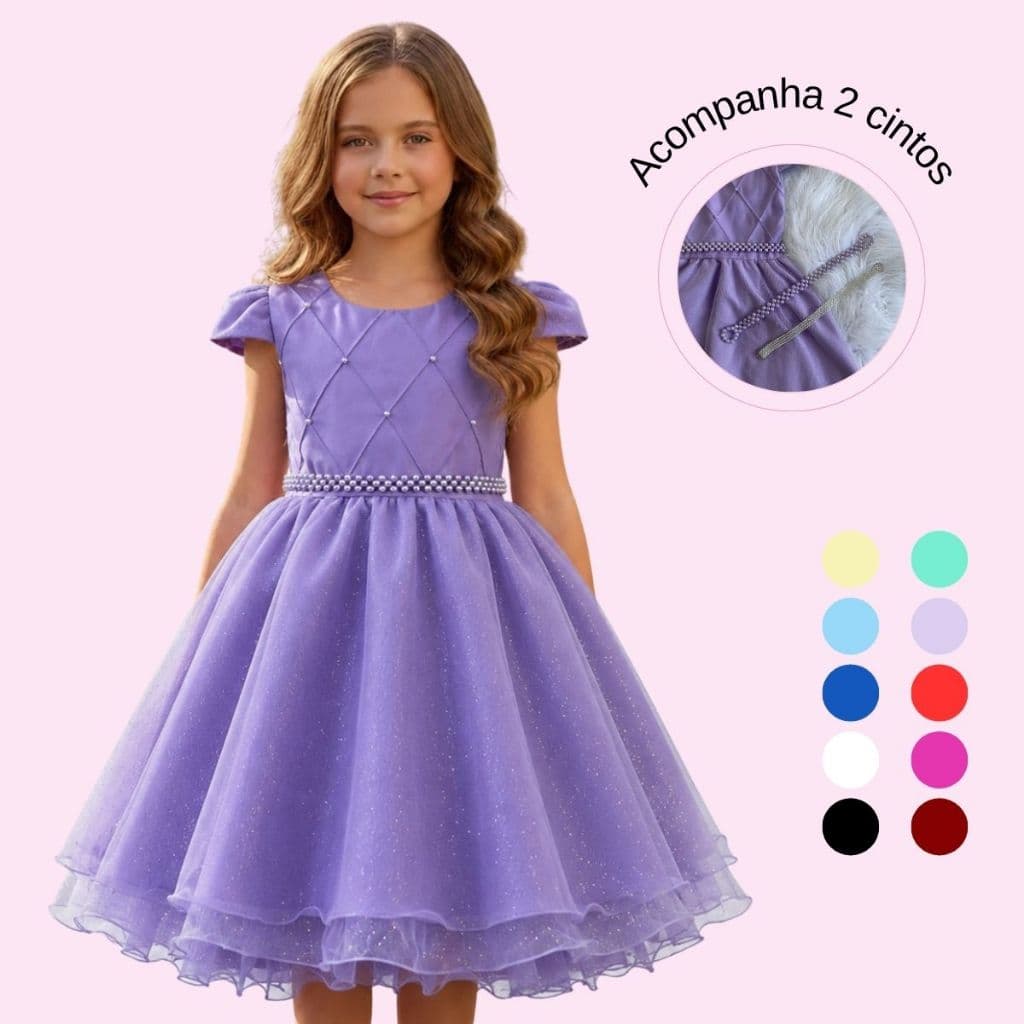 Vestido Infantil Juvenil Curto Princesa Nervura Com Saia De Brilho Festa