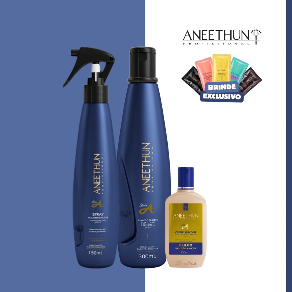 Kit Shampoo Spray e Creme de Silicone Linha A Aneethun Tutano e Queratina