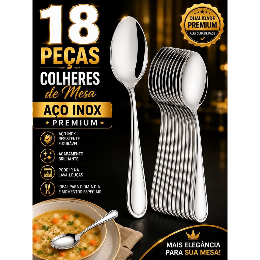 Kit 18 Colheres de Mesa em Aço Inox Premium