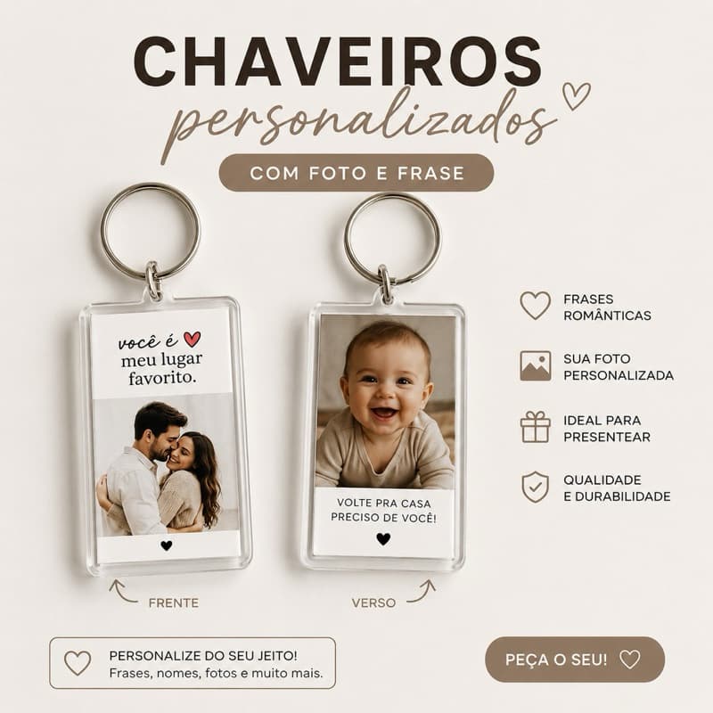Chaveiro Personalizado com Foto, Nome e Frase | Casal | Família | Pet | Presente Personalizado