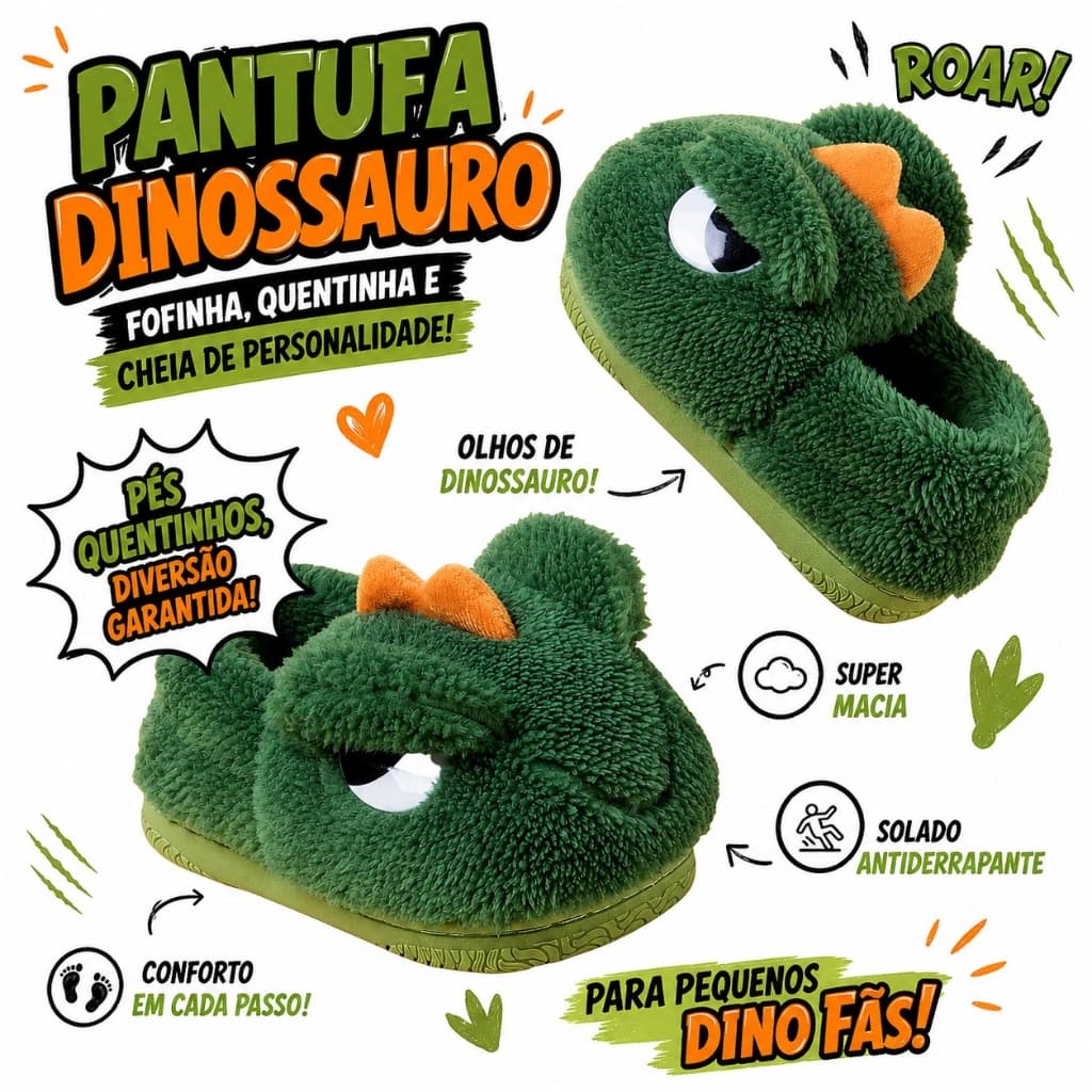 Pantufa de dinossauro infantil menino solado antiderrapante