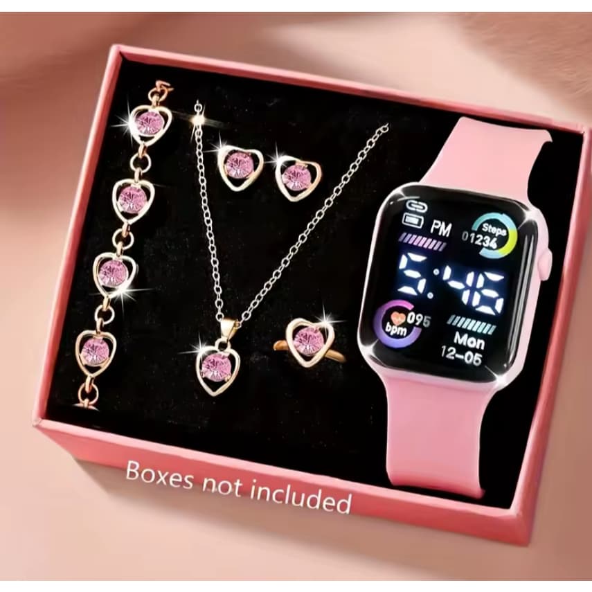 Conjunto de 6 peças de relógio eletrônico da moda, colar, brincos, conjunto de anel para adolescentes, meninos e meninas