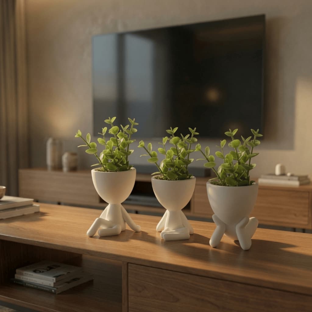 Kit 3 Mini Vasos Decorativos Branco com Plantinhas Artificiais