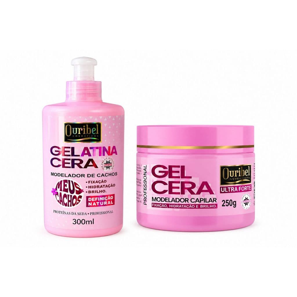 Kit Ouribel: Gelatina Cera Modeladora Cachos Profissional 300g + Gel Cera Rosa Ultra Forte 250g