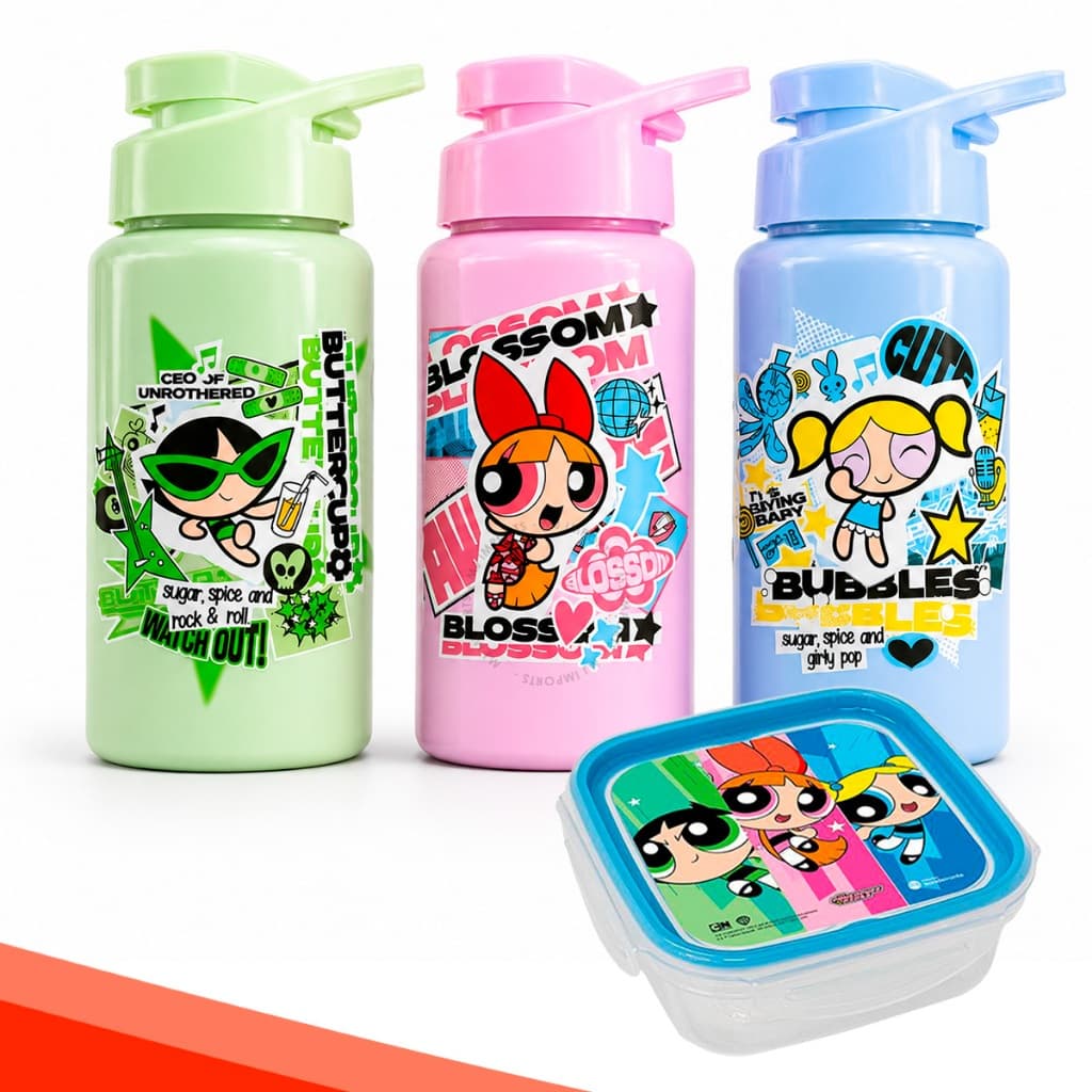 Garrafinha De Água Squeeze e Pote Meninas Super Poderosas 500ML Plástico Com Tampa Alça Infantil