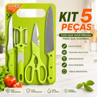 Conjunto de 5 peças de utensílios de cozinha: tábua de corte de plástico com faca, tesoura e vinho, feito em aço inoxidá