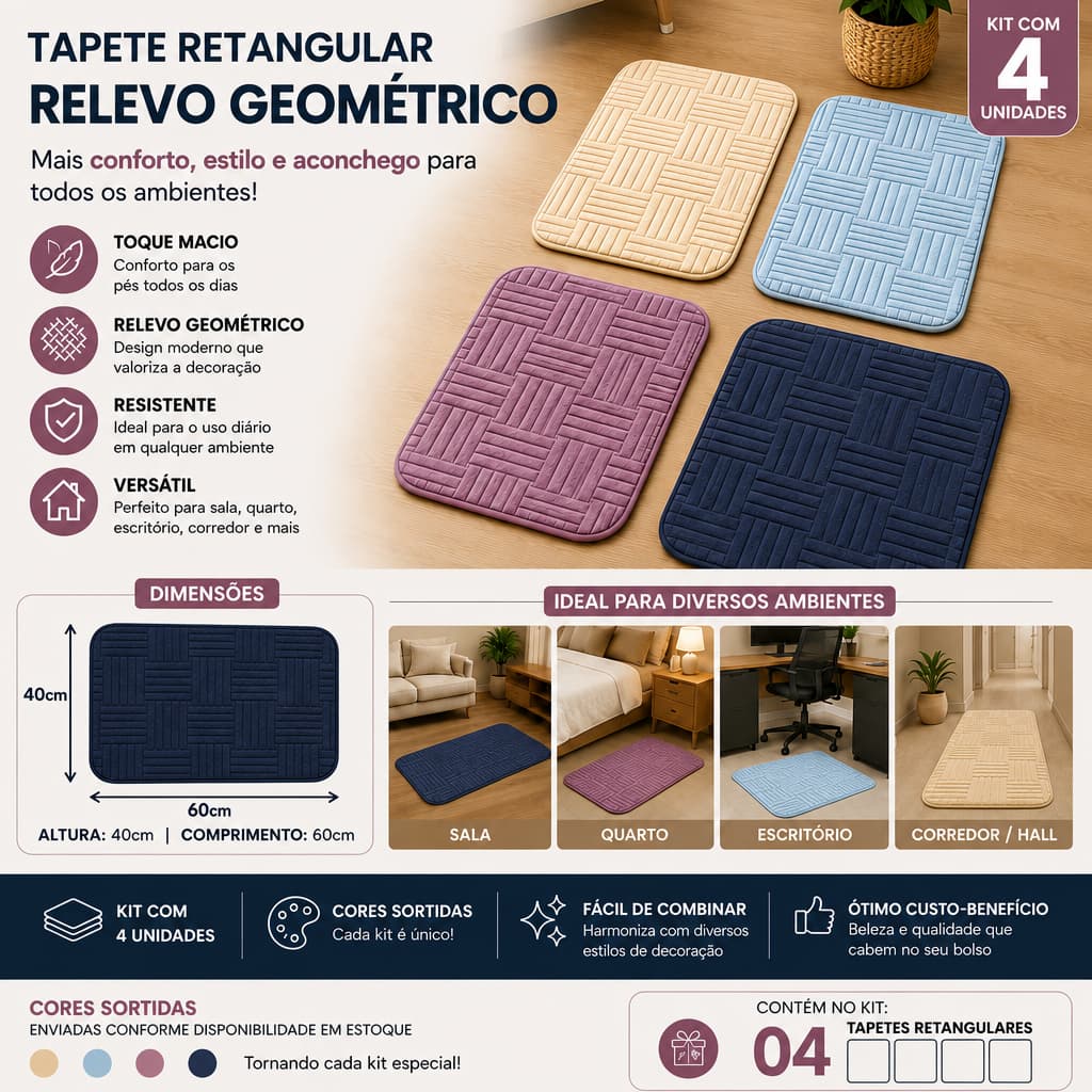 Tapete Moderno Antiderrapante Relevo Texturizado Design Geometrico Colorido