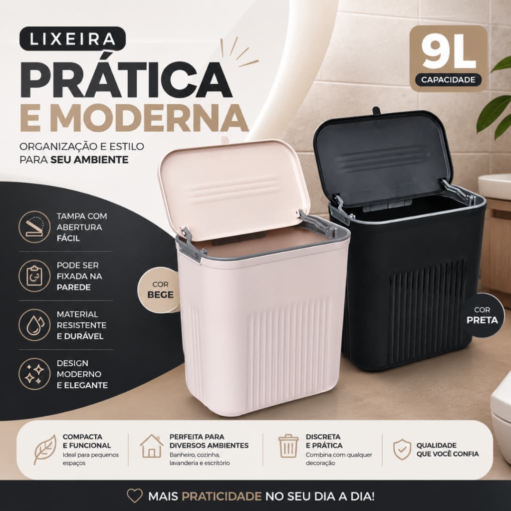Lixeira Suspensa 9 Litros Com Tampa Para Porta De Armário Banheiro e Cozinha