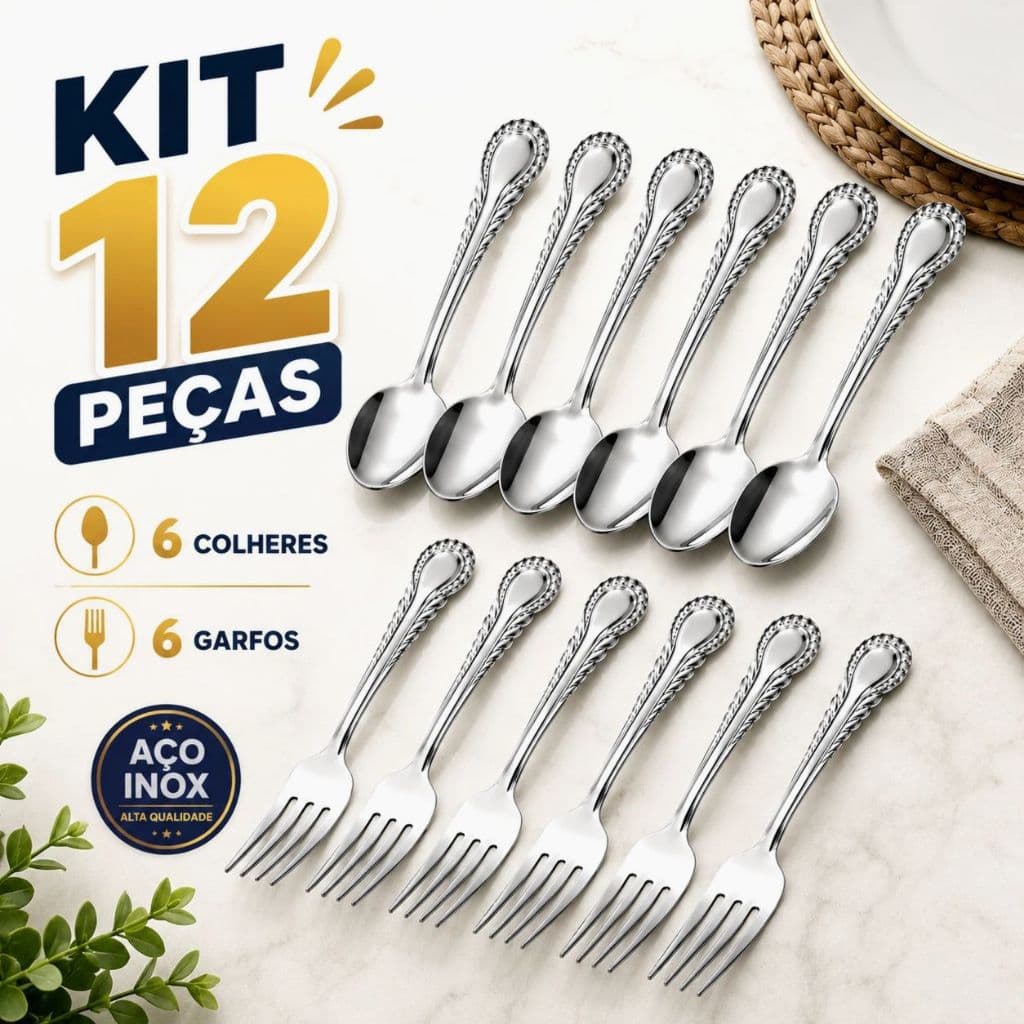 Kit 12 Peças Jogo de Talheres Inox Colher Garfo para Mesa Cozinha Restaurante