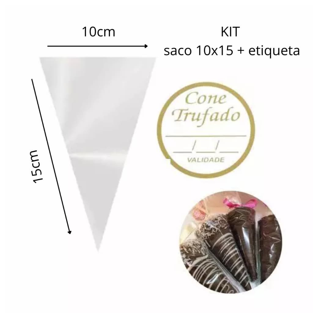 Kit 50 Sacos Para Cone Trufado Transparente 10x15cm + 50 Etiquetas Adesivas
